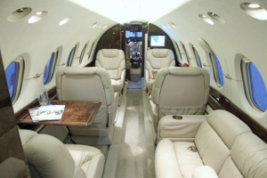 Cabin of the Hawker 800XP for charter, based in Dallas TX and operated by Business Jet Access